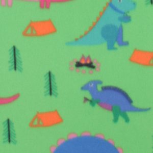Camping Dinosaurs on Green Blizzard Fleece Fabric