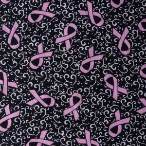 Breast Cancer Ribbons   Swirls Black Batik Cotton Fabric