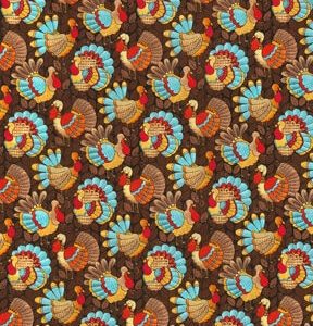 Fall Teal Turkeys on Brown Cotton Fabric