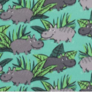 Blizzard Fleece Fabric Hippos On Teal