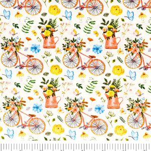 Singer Bikes And Gardening White Cotton Fabric