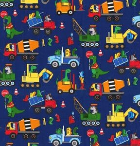 Dinosaurs   Trucks on Blue Novelty Cotton Fabric