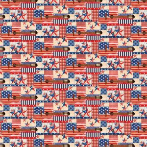 Springs Creative Guitars on Red Patriotic Cotton Fabric