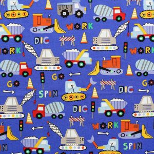 Construction Truck On Blue Novelty Cotton Fabric