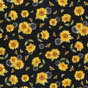 Hi Fashion Sunflowers And Bees Black Premium Print Cotton Fabric