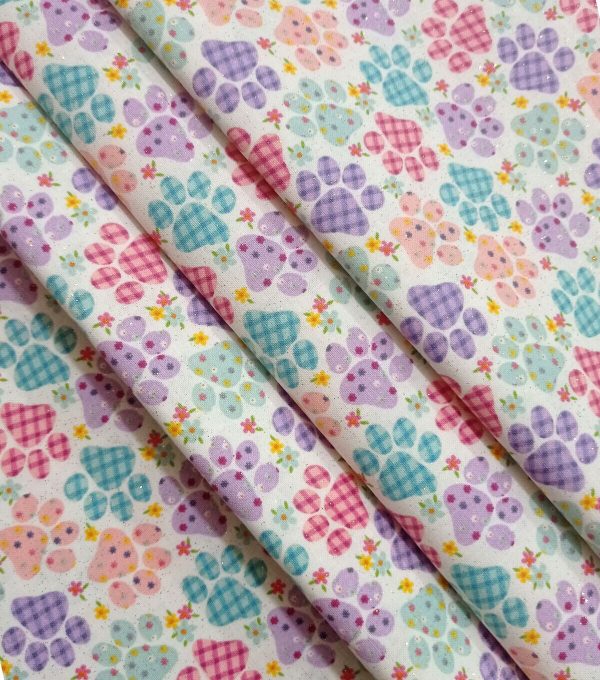 Purple   Red Paw Prints Easter Glitter Cotton Fabric - Image 3