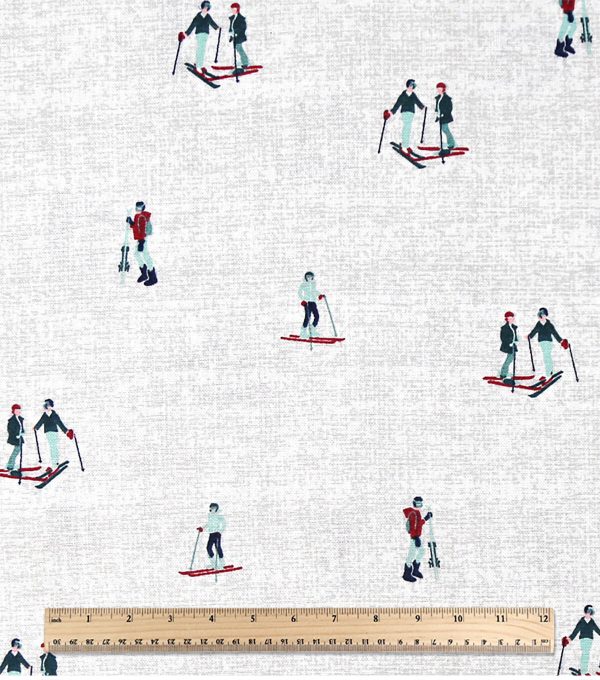 Skiers on White Novelty Cotton Fabric - Image 3