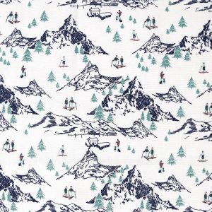 Skiing In The Mountains on White Novelty Cotton Fabric