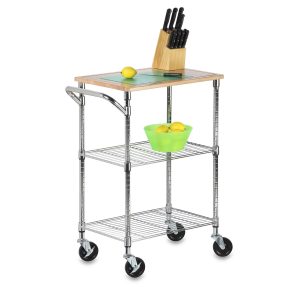 Honey Can Do 38 Chrome   Wood 3 Tier Kitchen Cart With Cutting Board