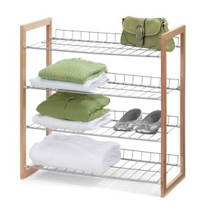 Honey Can Do 26 x 27 Chrome   Natural Wood Frame 4 Tier Storage Shelf