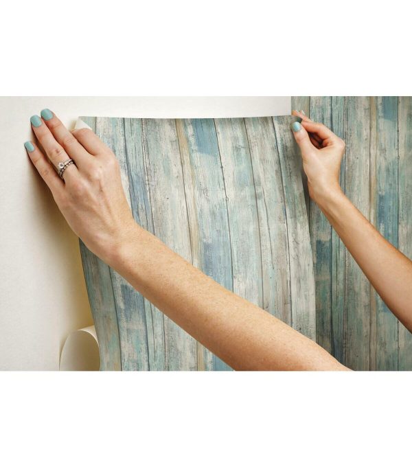 RoomMates Distressed Wood Blue Peelable Wallpaper - Image 2