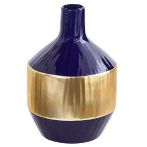 Nearly Natural 9 Lux Blue Ceramic Vase With Gold B