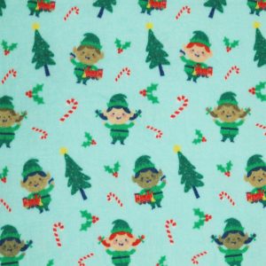 Green Elves   Trees on Blue Anti Pill Fleece Fabric