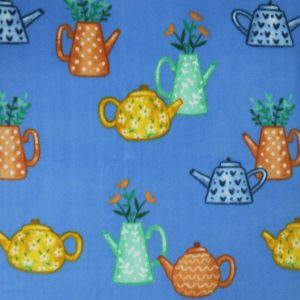 Home Grown Flower Tea Pots on Blue Anti Pill Fleece Fabric