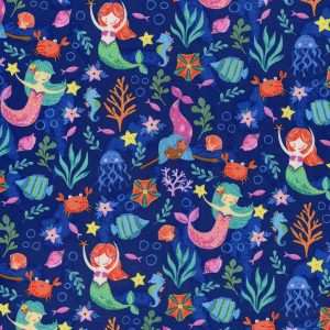 Hi Fashion Underwater Mermaids on Blue Novelty Cotton Fabric - 1