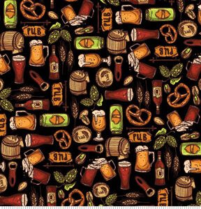 Beer   Pretzels on Black Novelty Cotton Fabric