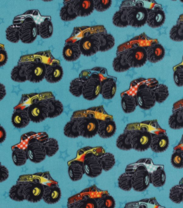 Monster Trucks on Teal Anti Pill Fleece Fabric - Image 2