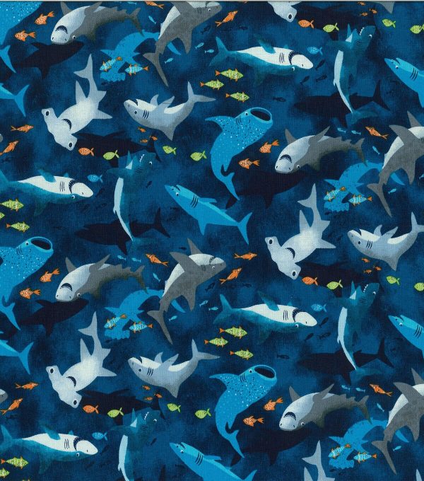 Novelty Cotton Fabric Smiley Sharks Navy - Image 2