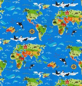 Animals Around The World on Blue Novelty Cotton Fabric