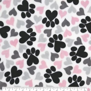 Sew Lush Fleece Fabric Pink Gray Heart Paw