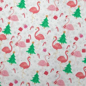 Flamingos   Trees on White Christmas Cotton Fabric - 1