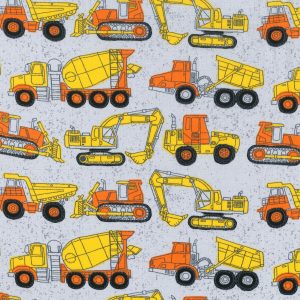Novelty Cotton Fabric 43 Construction Trucks On Gray