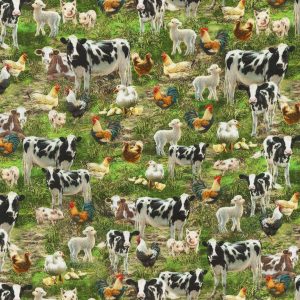 Hi Fashion Barnyard Animals on Green Novelty Cotton Fabric