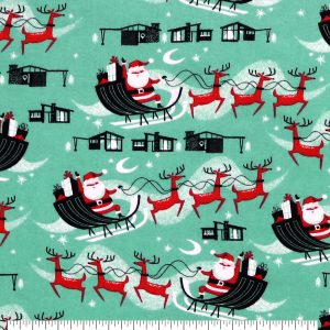 Santa Sleigh on Aqua Super Snuggle Christmas Flannel Fabric