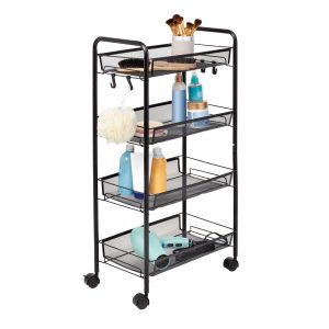 Honey Can Do 17.5 x 33 Black 4 Tier Metal Storage Cart With 5 Hooks