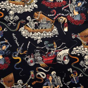 Alexander Henry Skulls   Cars on Black Cotton Fabric