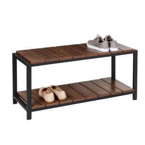 Honey Can Do 34 x 18 Walnut   Black 2 Tier Shoe Storage Bench