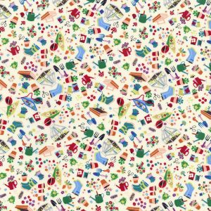 Hi Fashion Gardening Tools on White Novelty Cotton Fabric