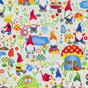 Hi Fashion Gnomes   Mushroom Village on Green Novelty Cotton Fabric