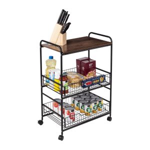 Honey Can Do 34 Black   Walnut 3 Tier Cart With Wood Shelf   Baskets