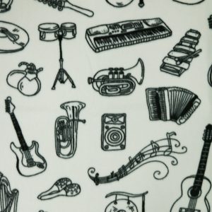 Sketched Instruments on Gray Anti Pill Fleece Fabric