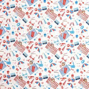Americana Beach on White Novelty Cotton Fabric