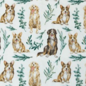 Dogs   Leaves on White Anti Pill Fleece Fabric