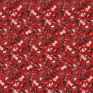 Novelty Cotton Fabric Tossed Dogs On Red