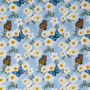 SINGER Daisies   Butterflies on Blue Quilt Cotton Fabric