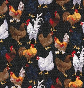 Fabric Traditions Farm Chickens On Black Novelty Cotton Fabric - 1