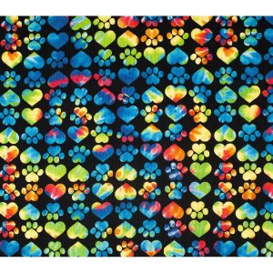 Novelty Cotton Fabric Hearts   Paws Tie Dye on Black