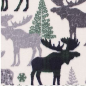 Navy   Green Patterned Moose   Trees Anti Pill Fleece Fabric