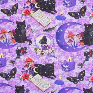 Mystical Black Cats on Purple Novelty Cotton Fabric - 1