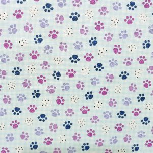 Blue Paws On Gingham Novelty Cotton Fabric