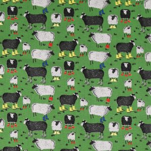 Sheep In Rainboots on Green Novelty Cotton Fabric
