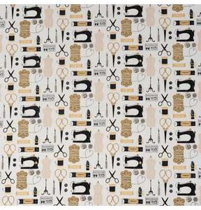 SINGER Sewing Tools on Brown Cotton Fabric by Keepsake Calico