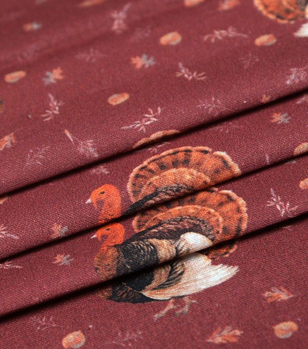 Turkeys On Maroon Cotton Fabric - Image 3