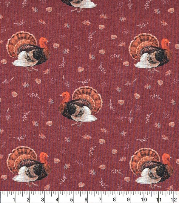 Turkeys On Maroon Cotton Fabric - Image 2