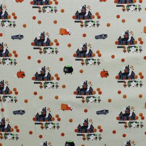 Halloween Haunted House on White Cotton Fabric