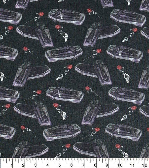 Coffins On Black Cotton Fabric - Image 2